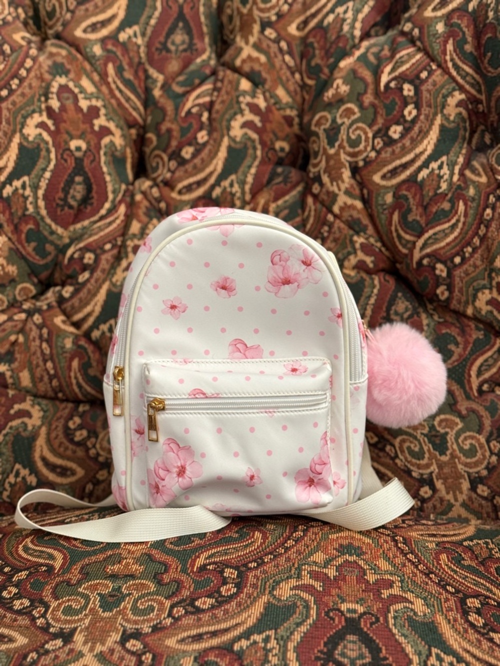 White Mini Floral Backpack with Pink Pom Pom